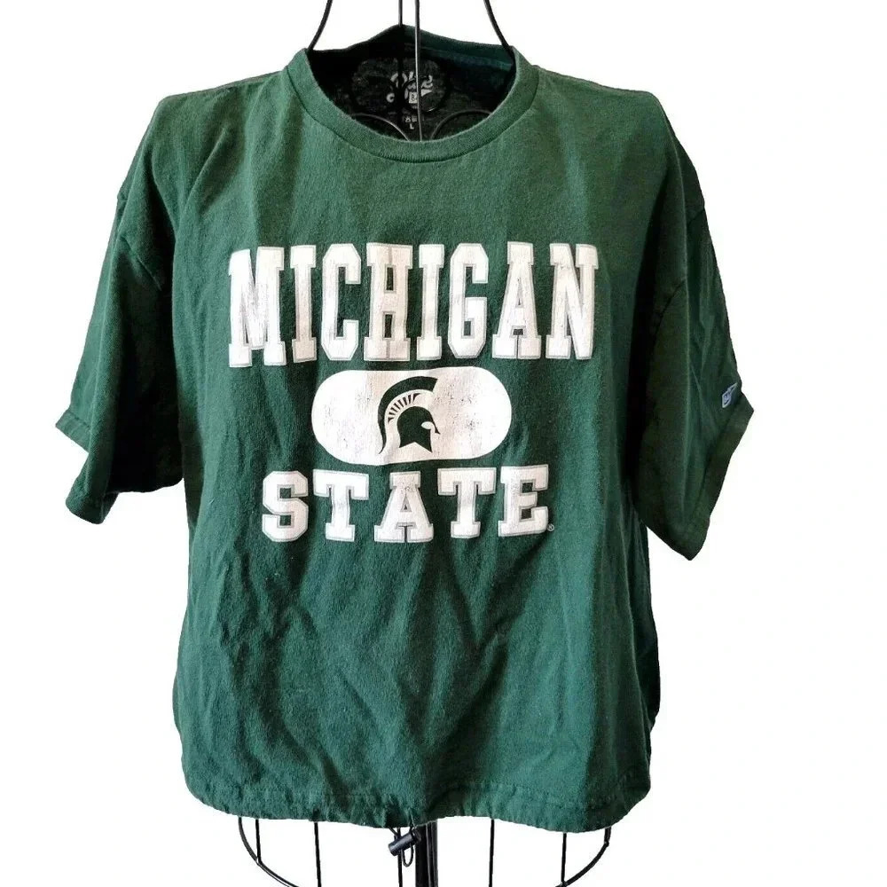 Michigan State University Crop Top T Large Green MSU Spartans Blue 84 Drawstring